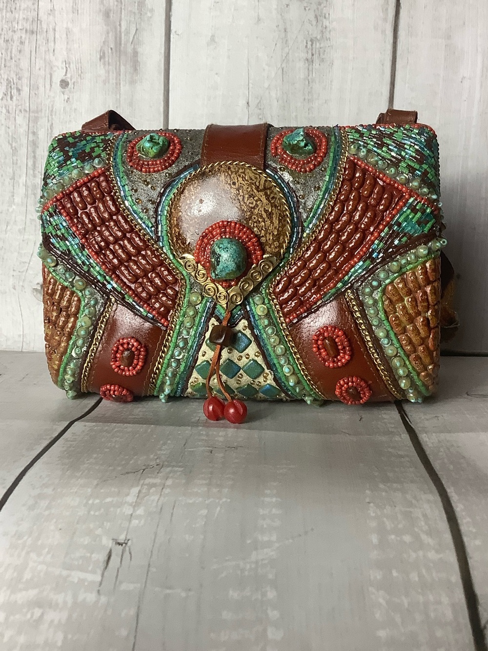 Mary Frances Brown Leather Crossbody with Turquoise and Red Beadwork
